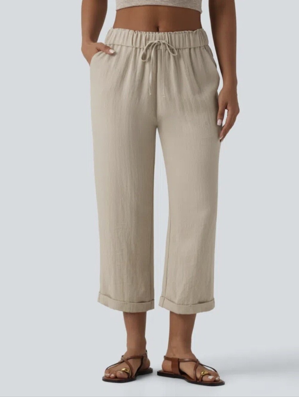 Halara Mid Rise Drawstring Casual Tapered Pants Pockets Tan Khaki Ancient Scroll
